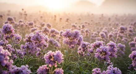 Verbena Bonariensis field bathed in morning light, dew drops gli