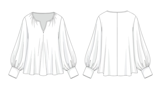 Technical fashion illustration of a long-sleeved blouse with balloon sleeves design schematic for garment production drawing