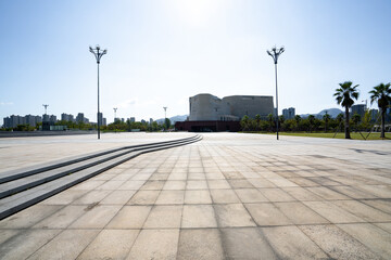 empty brick ground with skyline