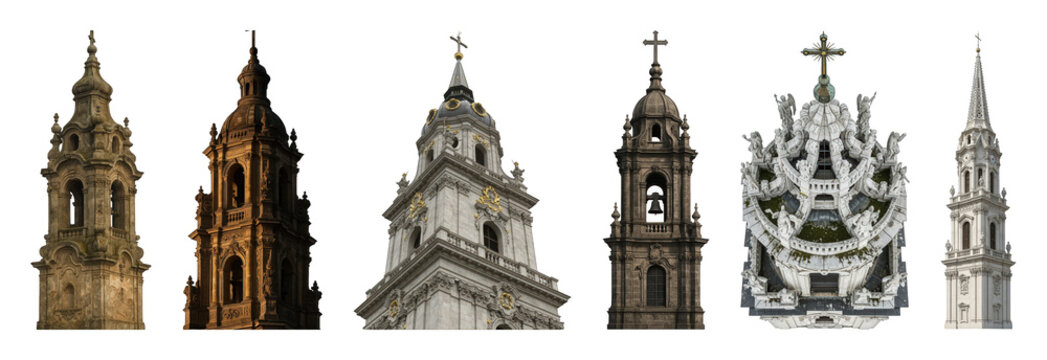 Church steeple and bell tower set including ornate spires, domes, and crosses isolated. Religious architectural elements collection.