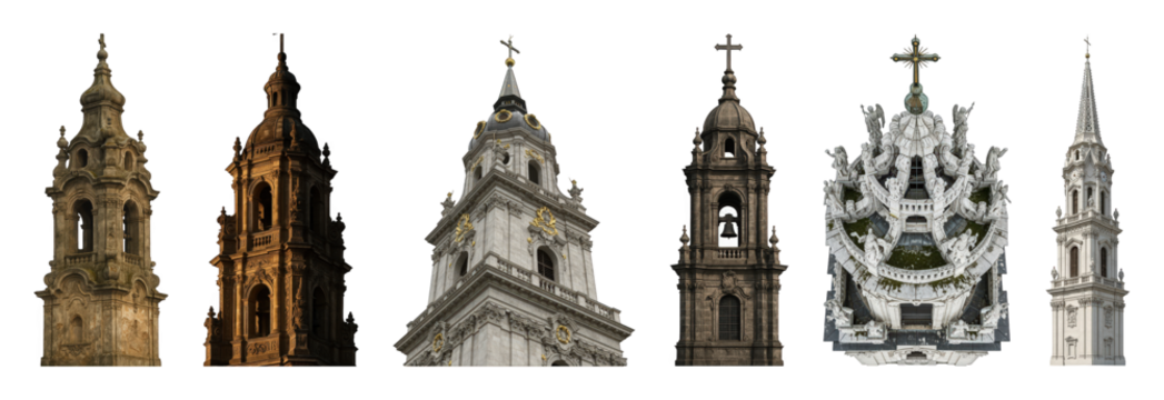 Church steeple and bell tower set including ornate spires, domes, and crosses isolated. Religious architectural elements collection.