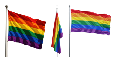 Rainbow flag set including waving and vertical orientations isolated. LGBTQ+ pride and diversity symbol.