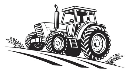 Obraz premium Stylized monochrome illustration of a powerful agricultural tractor diligently cultivating fertile land, representing the essential labor and productivity of farming