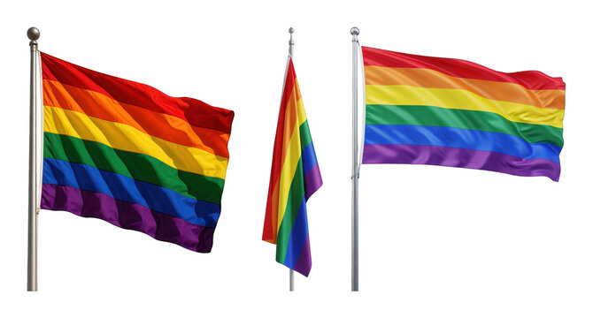 Rainbow flag set including waving and vertical orientations isolated. LGBTQ+ pride and diversity symbol.