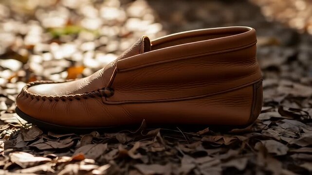 Elegant brown leather moccasin shoe resting on a bed of autumn leaves in soft sunlight