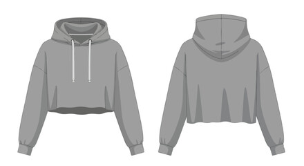 Isolated stylish grey crop top hoodie illustration showcasing front and back views against a plain white background design for fashion