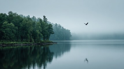 Obraz premium Misty Lake Scene: Bird, Reflections, Forest Landscape