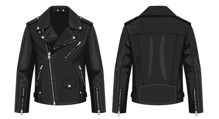 Illustrated black leather biker jacket showcasing the front and back details on a white background