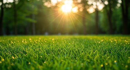 Naklejka premium Lush green grass field with golden sun rays and sparkling bokeh at sunrise or sunset