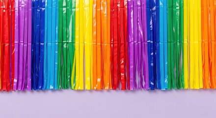 Vibrant rainbow fringe curtain against a soft lavender backgroun