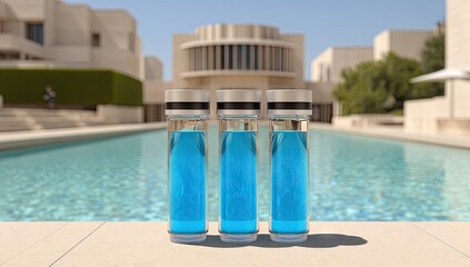 Three cylindrical containers, filled with a vibrant blue liquid, stand on the edge of a tranquil pool, showcasing a modern architectural setting.