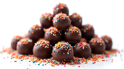 Large pile of chocolate truffles with rainbow sprinkles on a white background candy sweets