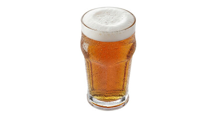 Isolated, a refreshing beer glass filled with golden liquid and frothy foam, bubbly beverage