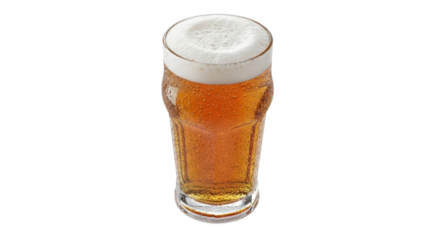 Isolated, a refreshing beer glass filled with golden liquid and frothy foam, bubbly beverage