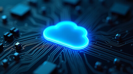 Luminous Blue Cloud Icon on a Dark Circuit Board with Electronic Components cloud computing technology