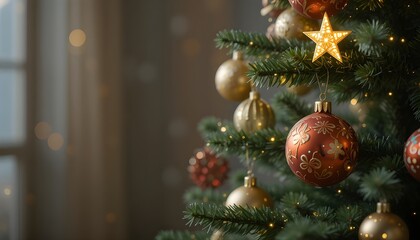 Christmas Tree with Baubles and Star – Festive Holiday Decoration Symbolizing Joy, Celebration, and Seasonal Cheer