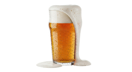 Isolated cold beverage glass overflowing with foam, golden liquid refreshment drink ready to serve