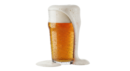 Isolated cold beverage glass overflowing with foam, golden liquid refreshment drink ready to serve