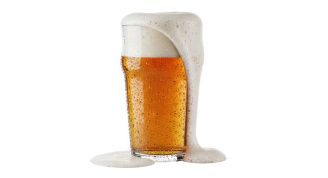 Isolated cold beverage glass overflowing with foam, golden liquid refreshment drink ready to serve