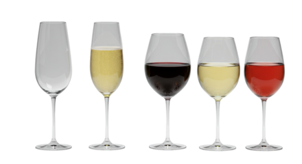 elegant crystal stemware, flutes and wine glasses, empty and filled with golden, red, yellow, and pink wines, arranged on transparent studio background. luxury beverage concept