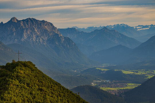 View from Herzogstand summit over villages Kr&uuml;n, Wallgau and Mittenwald with Martinskopf