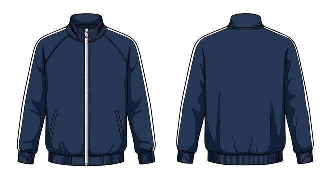 Illustration of a Dark Blue Track Jacket with Front and Back Views and White Stripes for Sports and Casual Wear Mockup Style on Clear Background