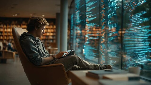 Young man using tablet while sitting in modern library, surrounded by books and glowing code on window at dusk, studying technology and programming concepts