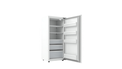 An empty white refrigerator with interior shelving and drawers is displayed against a solid black backdrop.