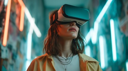 Girl with virtual glasses to see the metaverse, digital space, turquoise cinema tones