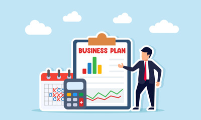 Businessman explaining data document with chart placed near calculator and calendar illustration of business report presentation and calculation