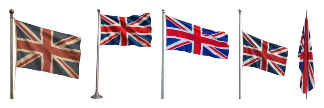 Union Jack flag set including flying, half-mast, furled, new, and vintage styles isolated. National symbol and patriotism collection.