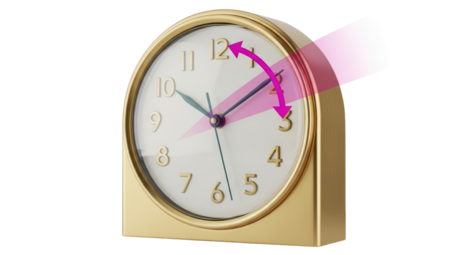 Isolated time lapse gold clock shows how time flies from hour twelve to hour three quickly