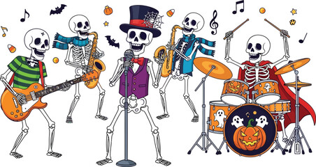 Spooky skeletons rock out with Halloween band music and fun