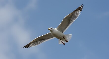 Obraz premium Majestic White Seagull Soaring Gracefully with Outstretched Wings Against a Clear Blue Sky