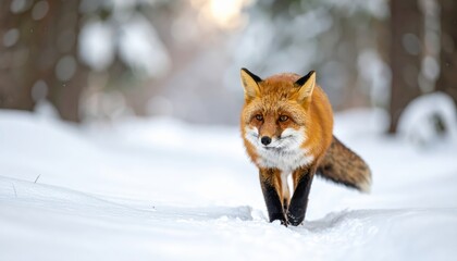 A beautiful red fox gracefully walks through a snow-covered forest, showcasing the serene beauty of winter wildlife.