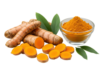 Vibrant turmeric roots, golden slices, green leaves, powder in glass vessel, artfully arranged on transparent studio background. Concept of natural freshness and purity
