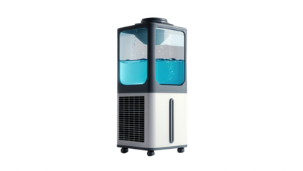 Modern, upright humidifier with transparent water reservoir, showcasing a stylish design in cool gray and white tones.