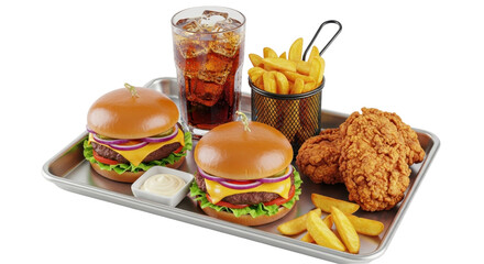 Isolated tray of burgers, fries, fried chicken, and soda for a party or event, dinner meal