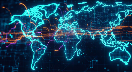 ​World Map with Digital Network and Data Points