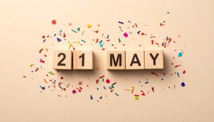 Wooden Blocks with Date 21 May. Calendar for birthday or anniversary on solid colored background with confetti