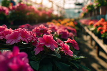 Fototapeta premium Sunlit greenhouse rows of vibrant pink impatiens with dewy petals and soft bokeh - lush potted blooms in warm golden morning light
