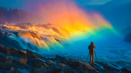 Photographer captures rainbow over powerful waterfall at sunrise in rocky landscape