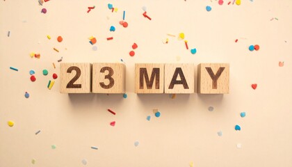 Wooden Blocks with Date 23 May. Calendar for birthday or anniversary on solid colored background with confetti
