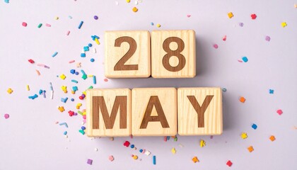 Wooden Blocks with Date 28 May. Calendar for birthday or anniversary on solid colored background with confetti