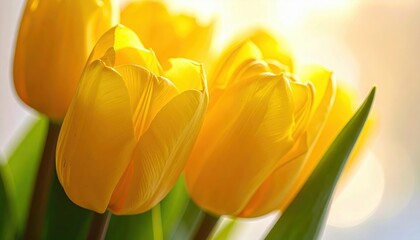 Naklejka premium Close-up of vibrant yellow tulips basking in sunlight, showcasing delicate petals and a warm, inviting glow.