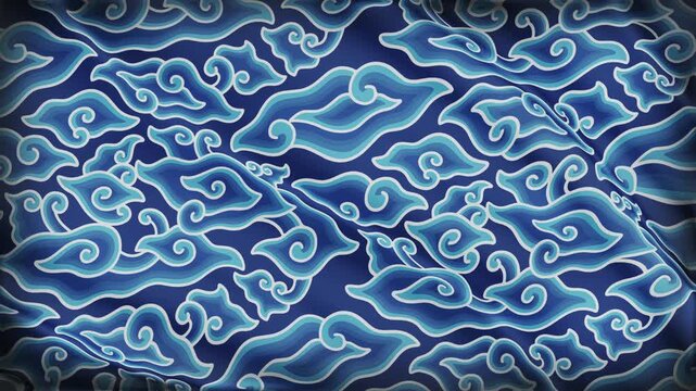 Seamless animation of batik tenun songket mega mendung pattern waving like a flag. Traditional Indonesian batik tenun songket motif with ethnic ornament, cultural textile design, heritage background.