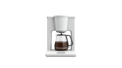 Modern white coffee maker with dark brown coffee, presenting a simple and sleek design.