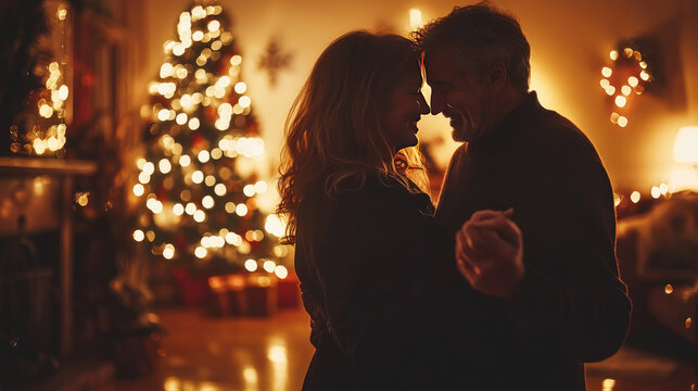 senior couple dancing together in cozy living room decorated with christmas tree, ornaments and warm festive lights, joyful holiday celebration and happiness in retirement