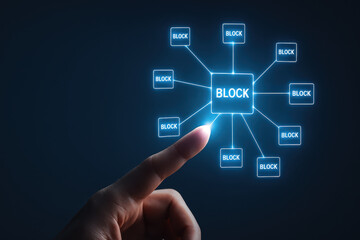 Digital technology and artificial intelligence drive innovation concept with glowing network block diagram and finger touching virtual interface in futuristic style