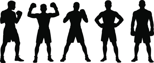 Boxer silhouettes set, fighting poses, boxing gloves, male athletes, combat sport figures, fitness training, muscle body shapes, active men